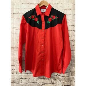 Vintage Country Charmers Shirt Womens Large Red Floral Embroidered Pearl Snap Up
